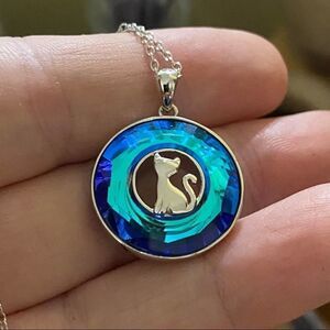 Sterling silver Cat Blue Austrian Crystal Necklace
